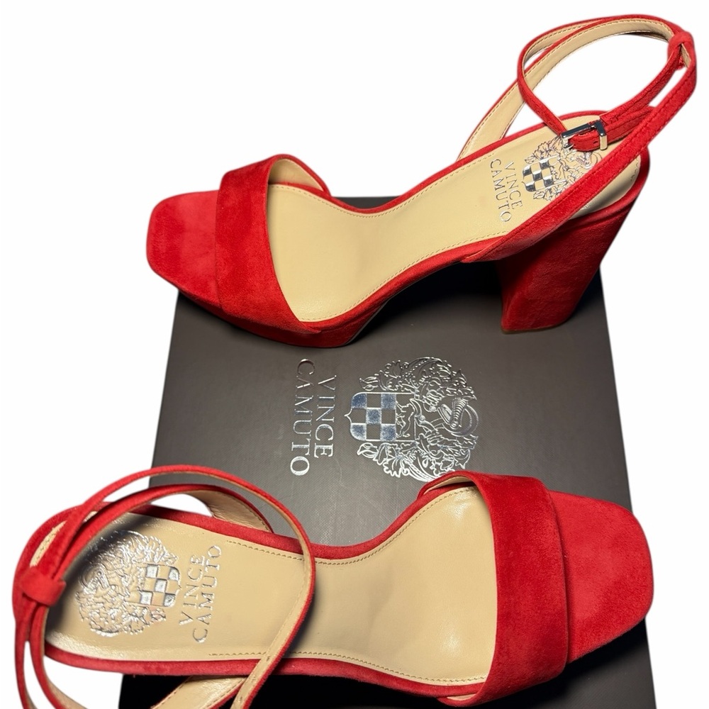 Vince Camuto Chastin Razz Red Suede Block Platform Heel Sandals | Size 10 | - Picture 4 of 8